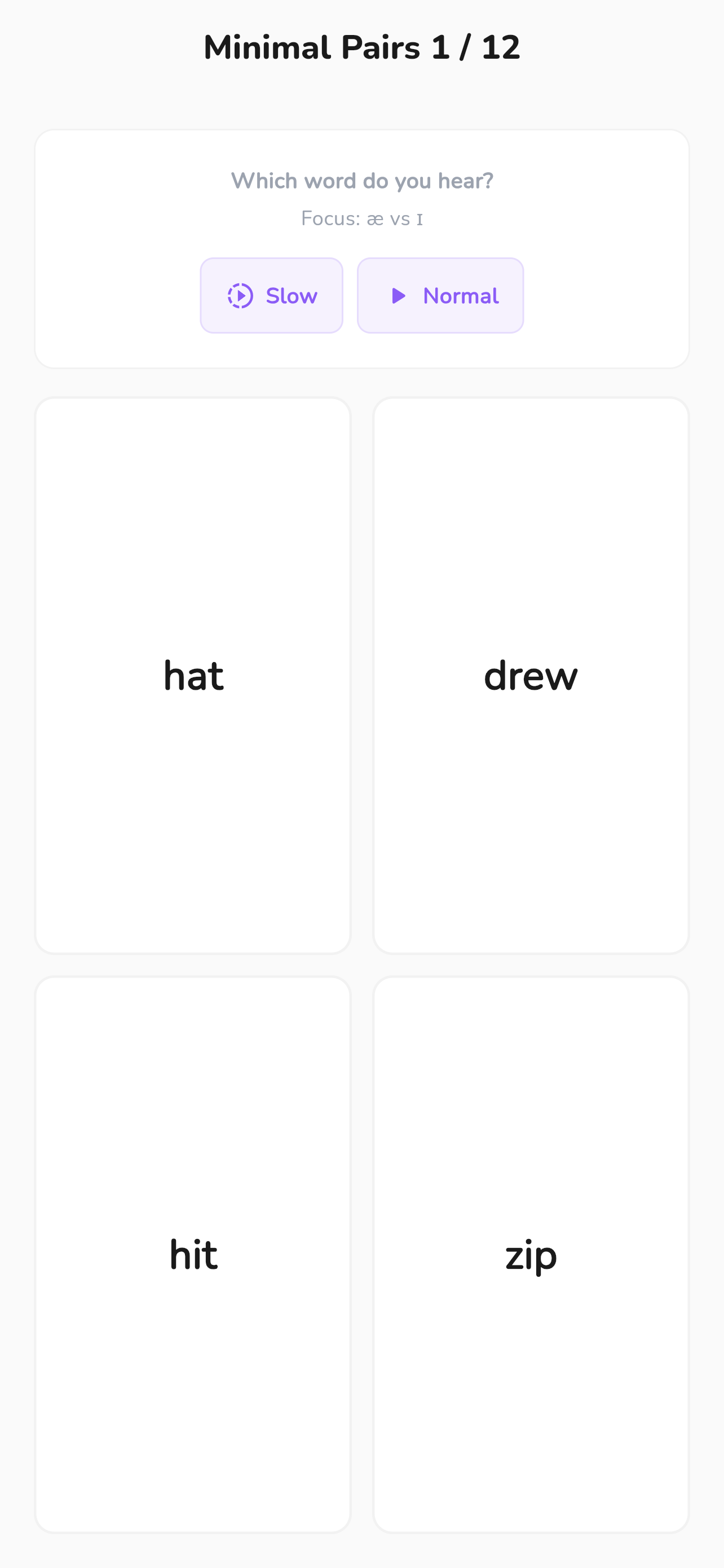 Minimal Pairs exercise comparing hat, drew, hit, and zip